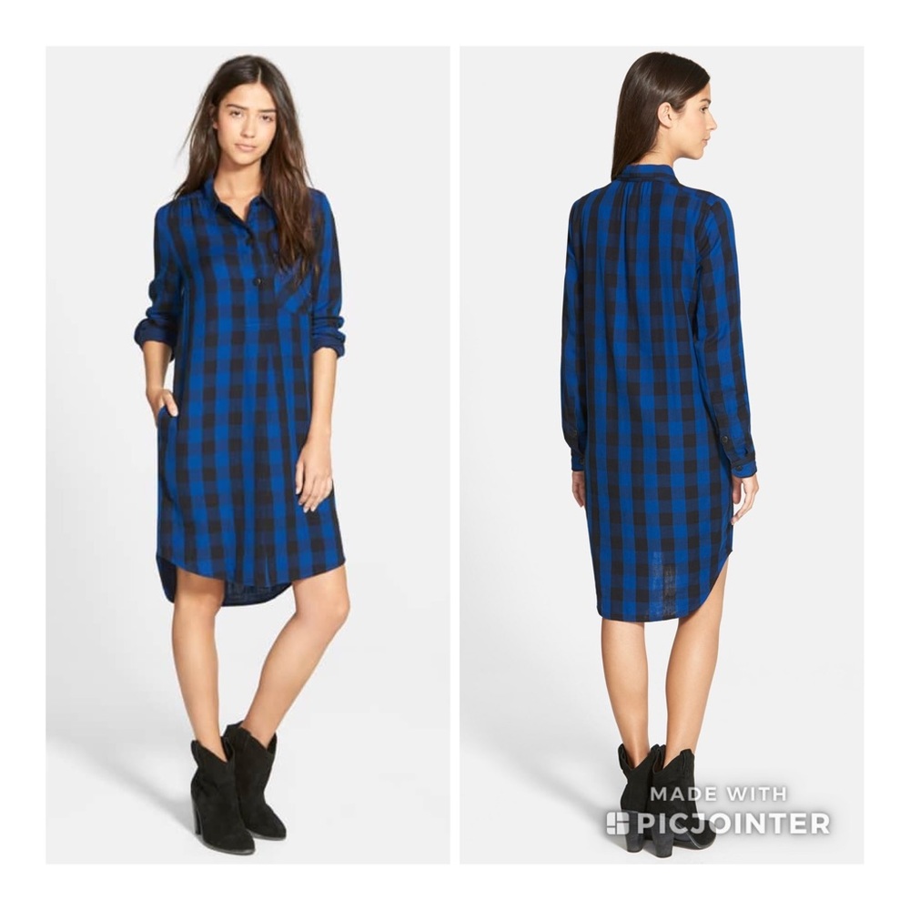 Madewell Jane Buffalo Check Plaid Shirtdress S Blue Black Button Down